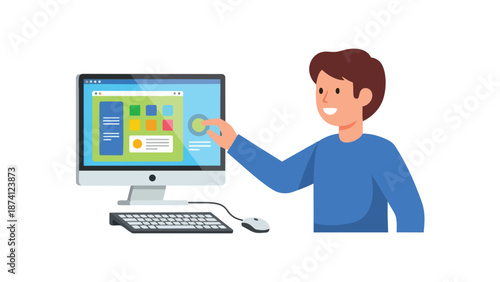 Digital creative expertly navigating a vibrant desktop interface design a young person interacts with modern computing technology to develop