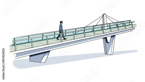 A solitary figure progresses along a sleek modern pedestrian bridge featuring glass railings and cable-stayed design symbolizing urban pathways and