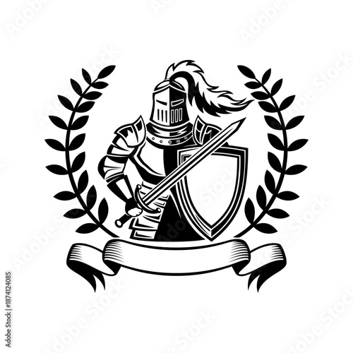 Knight icon with shield and sword on white background.