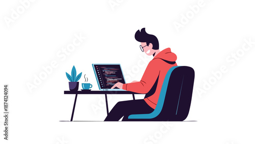 A focused developer skillfully writes code on a laptop, enhancing digital solutions. This illustration embodies modern remote work, technological