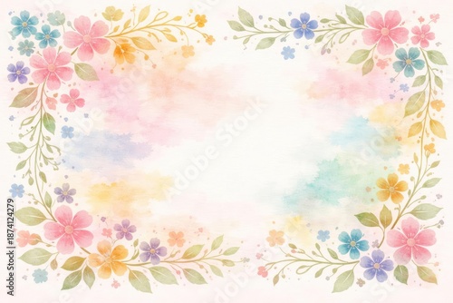 Vintage floral border with spring blossoms and leaves in a playful silhouette style on a watercolor background