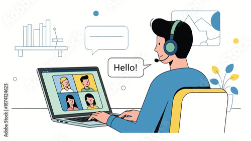 Person in headphones on a laptop video call, demonstrating remote work and virtual collaboration