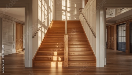 Interior wooden stairs with sleek finish in a contemporary house, highlighting construction quality, World Design Day