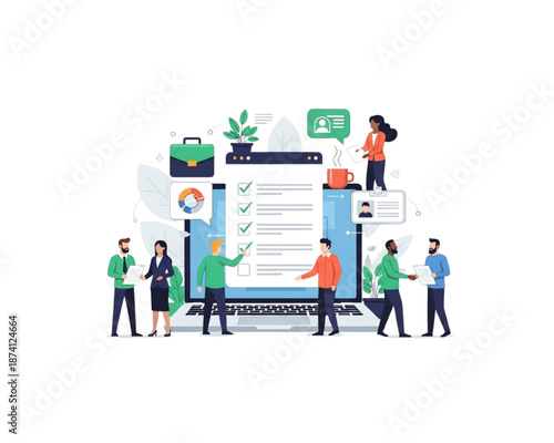 Human resources team working on online checklist. Flat Vector Illustration of recruitment hiring, project management survey, business contract agreement, and digital audit form with staff.