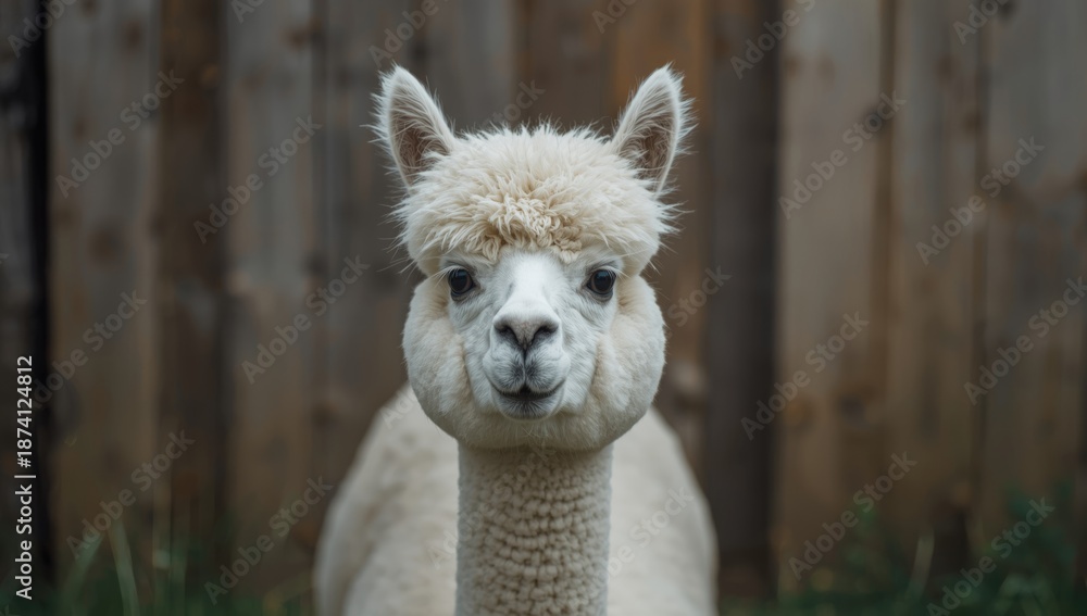 Fototapeta premium Alpaca head and back in a wooden stable, focusing on fiber density for sustainable farming practices, animal husbandry