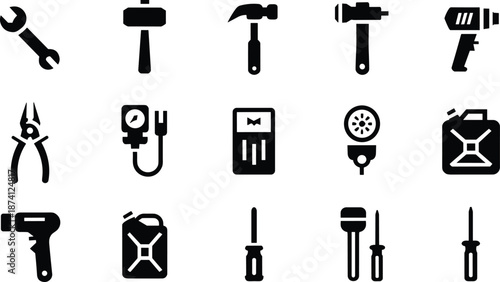 Hand tools and repair equipment icon set with construction maintenance mechanic and workshop symbols for industrial service design