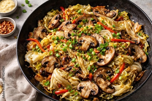 Stir fried vegetables including cabbage and mushrooms with garlic and green onion garnish copy space