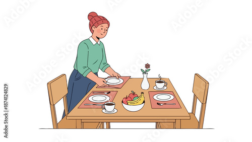 An illustrative scene of a woman thoughtfully setting a cozy breakfast table with healthy food and warm drinks