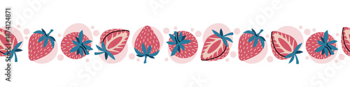 Seamless Valentines Day Border With Strawberries In Flat Style. Repeating Berry Sweet Pattern For Washi Tape, Piping, Textile, Gift Wrap, Wallpaper And Craft Projects. Juicy Love Concept.