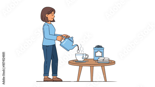 A delightful illustration of a woman gracefully preparing a fresh cup of steaming hot tea with delicious biscuits, showcasing a comforting domestic