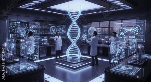 Scientists in Futuristic Biotech Lab Analyzing Holographic DNA and Digital Data with Interactive Screens
