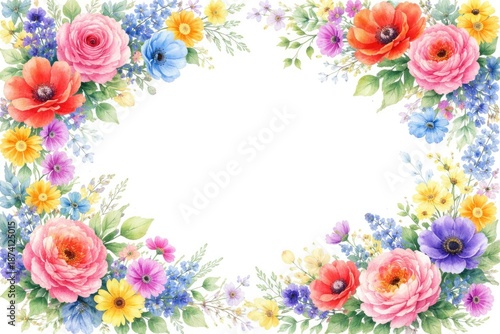 Floral watercolor border with various vibrant painted flowers