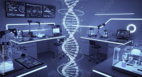Futuristic Blue-Lit Science Lab with Glowing DNA Helix and Advanced Biotechnology Equipment for Genetic Research and Digital Data Analysis