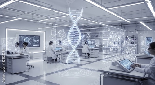 Scientists in a Futuristic High-Tech Laboratory Conducting Genetic Research and Data Analysis with Holographic Displays and Advanced Biotechnology