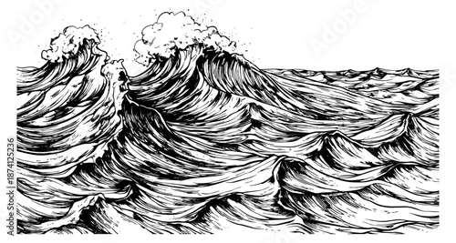 Hand drawn line art illustration of ocean waves depicting turbulent sea with splashing foam for marine and nautical designs