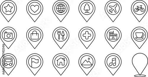 Location Pin Icon Set Outline Map Markers with Travel Navigation Symbols for Mobile App and Web UI Design