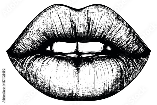 Hand drawn line art illustration of a mouth depicting full lips and visible teeth for beauty and fashion design
