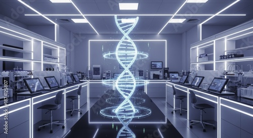 Modern, futuristic biotechnology laboratory with glowing DNA helix and advanced research equipment.