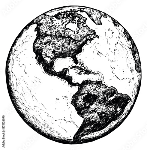 Hand drawn line art illustration of Earth depicting North and South America for global concepts