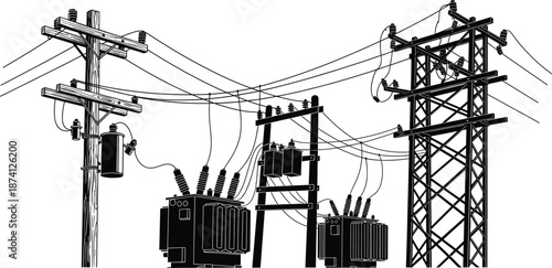 Flat vector, transformer silhouette, utility pole, transmission tower, ground unit, power grid, infrastructure