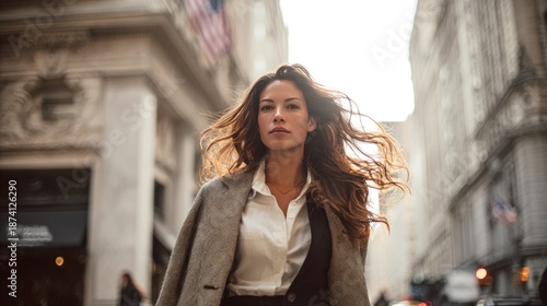 Brunette businesswoman in blue blazer with flowing hair walking on sunny city street near buildings