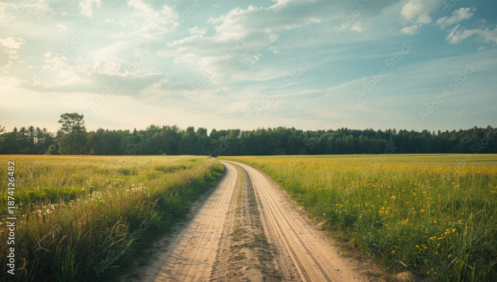 Obraz premium Forest edge with a sandy pathway cutting through a grassy meadow, urban planning background