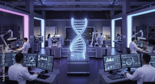 Futuristic Biotechnology Laboratory: Scientists Engage in Advanced DNA Research and Data Analysis with Holographic Displays and Robotic Automation in a High-Tech Environment