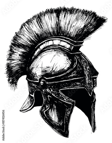 Hand drawn line art illustration of a spartan helmet depicting ancient warrior protection for historical themes