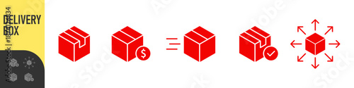 Logistics and delivery box icons showing shipping, pricing, fast shipping, package pricing, and global distribution, speed and distribution. modern package symbols for supply chain UI design