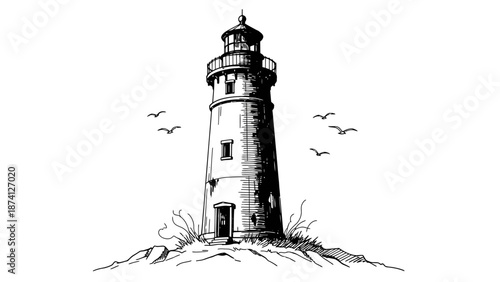 Detailed Black and White Lighthouse Illustration with Flying Birds and Rocky Base.