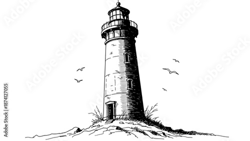 Detailed Black and White Lighthouse Illustration with Birds Flying Above