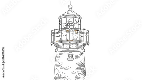 Detailed Black and White Lighthouse Illustration with Brick Texture and Details