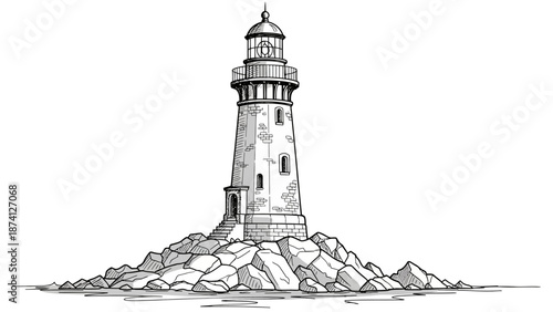 Detailed Black and White Lighthouse on Rocky Island Illustration