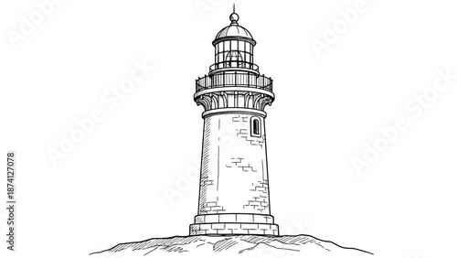 Detailed Black and White Lighthouse Illustration on Rocky Terrain