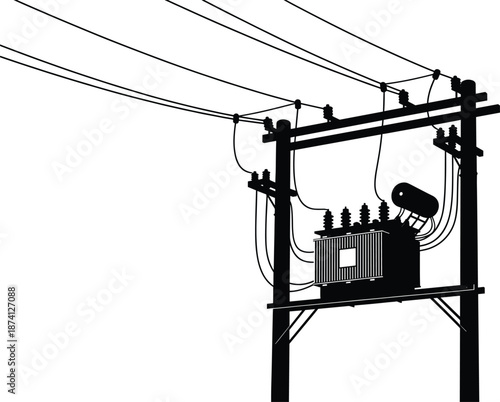 Flat vector, transformer silhouette, utility pole, power line, insulator, electrical grid, infrastructure