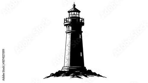 Detailed Black and White Lighthouse Illustration on Rocky Base