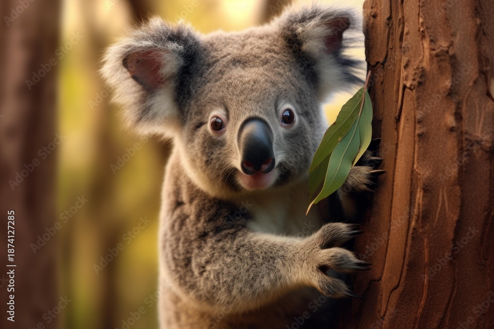 Fototapeta premium Koala hugging a eucalyptus tree trunk and looking directly at viewer