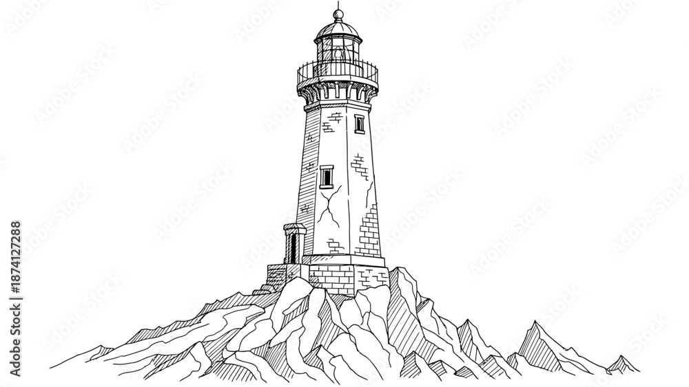 Obraz premium Detailed Black and White Lighthouse Illustration on Rocky Terrain