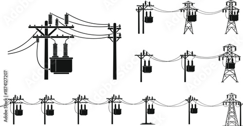 Flat vector, transformer silhouette, utility pole, transmission tower, electrical grid, power distribution system