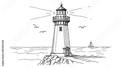 Detailed Hand-Drawn Lighthouse with Beams, Sea, and Birds in Black and White