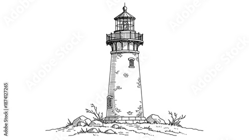 Detailed Black and White Lighthouse Illustration on Rocky Terrain