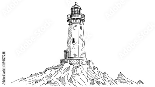 Detailed Black and White Lighthouse Illustration on Rocky Terrain