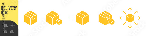 Logistics and delivery box icons showing shipping, pricing, fast shipping, package pricing, and global distribution, speed and distribution. modern package symbols for supply chain UI design