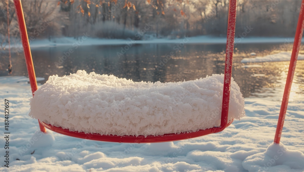 Obraz premium Frozen circular swing with textured surface, used in outdoor settings for leisure, winter months