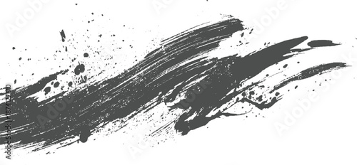 Dark grey ink brush strokes and splatters on white background paint