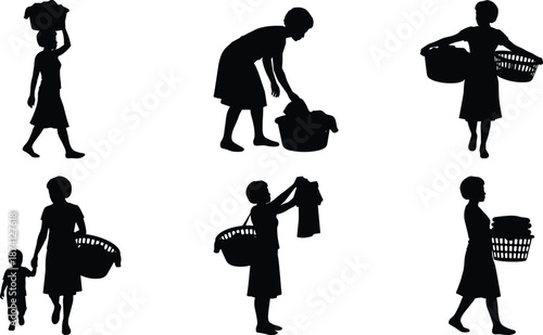 Flat vector, laundry woman silhouette, household chore, basket carrying, domestic work, multitasking