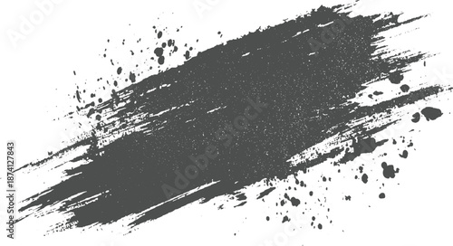 Horizontal dark grey textured brush stroke with splatters on white background abstract for and grunge effects