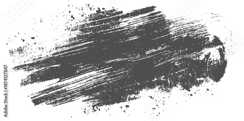 Dark grey textured brush stroke with splatters on white background abstract for and grunge effects black