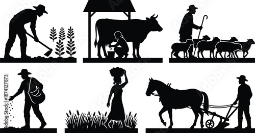 Flat vector, farming silhouette, traditional agriculture, livestock, sowing, milking, plowing, rural life