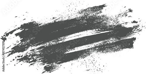 Grey textured brush stroke with splatters on white background abstract for and grunge effects black brushstroke